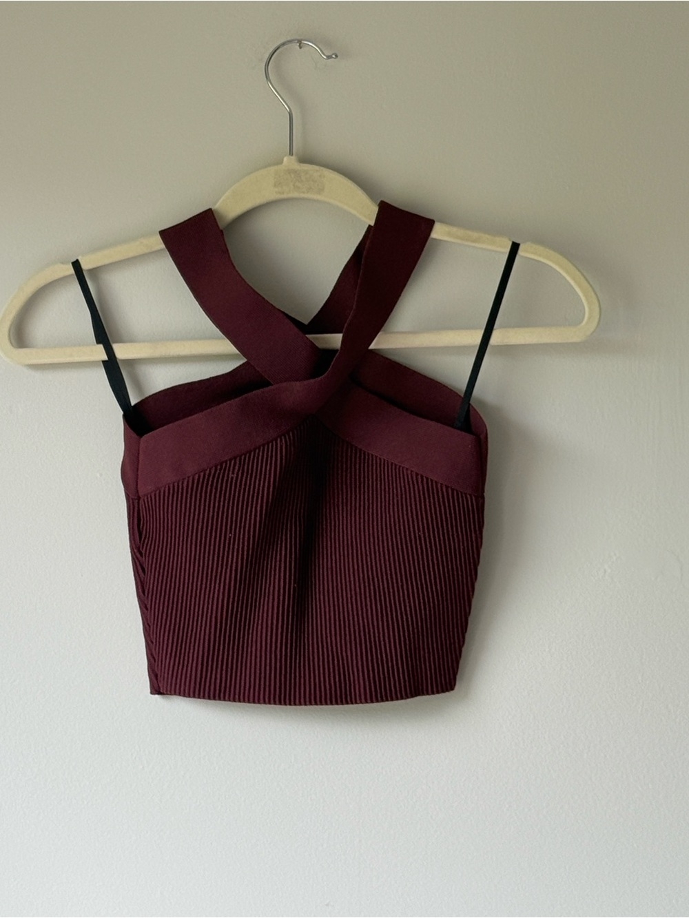 Babaton Burgundy Cross-Strap Ribbed Crop Top